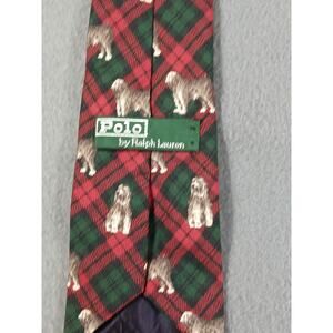 Ralph Lauren Polo Silk Tie Plaid Tartan Dog Print Made in USA